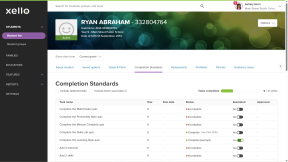 Educator account in Xello. A student's profile is open to the Completion Standards tab with the student's assigned tasks. A progress bar indicates that a few tasks are completed